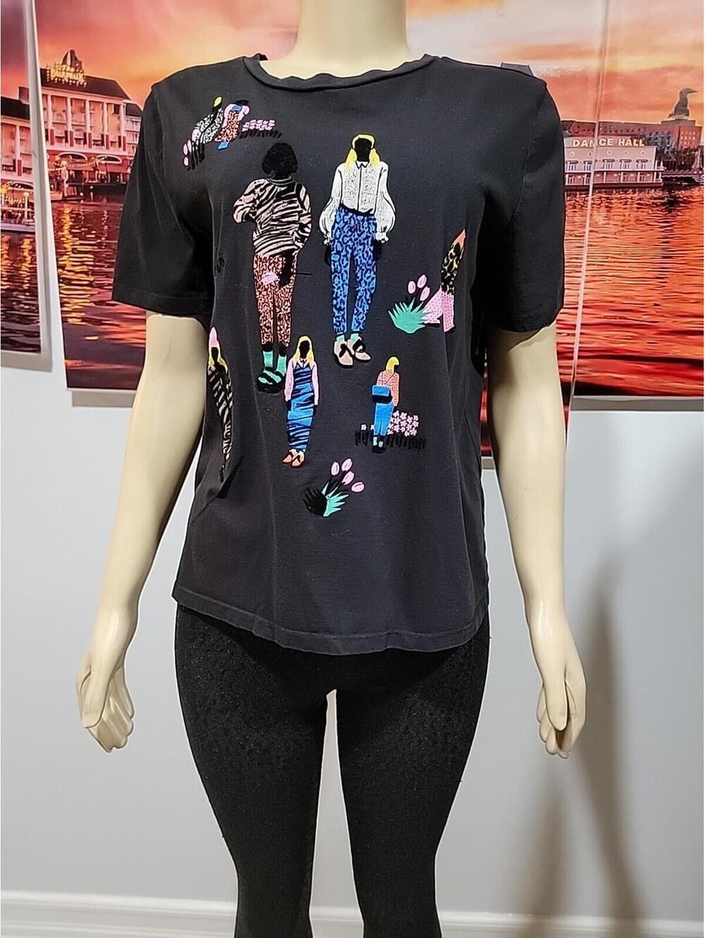 Zara Graphic Black Colorful The Garden T-shirt Size L Velvet Fashionista #C - Picture 5 of 6